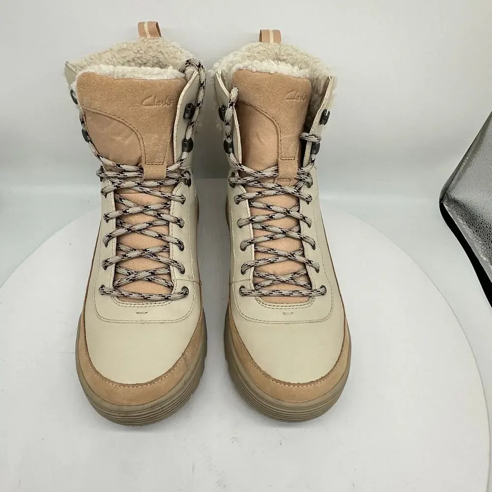 Clarks ATL Hike Top Gore-Tex Cream Leather Boots Fur Trim Collar Size 9.5
